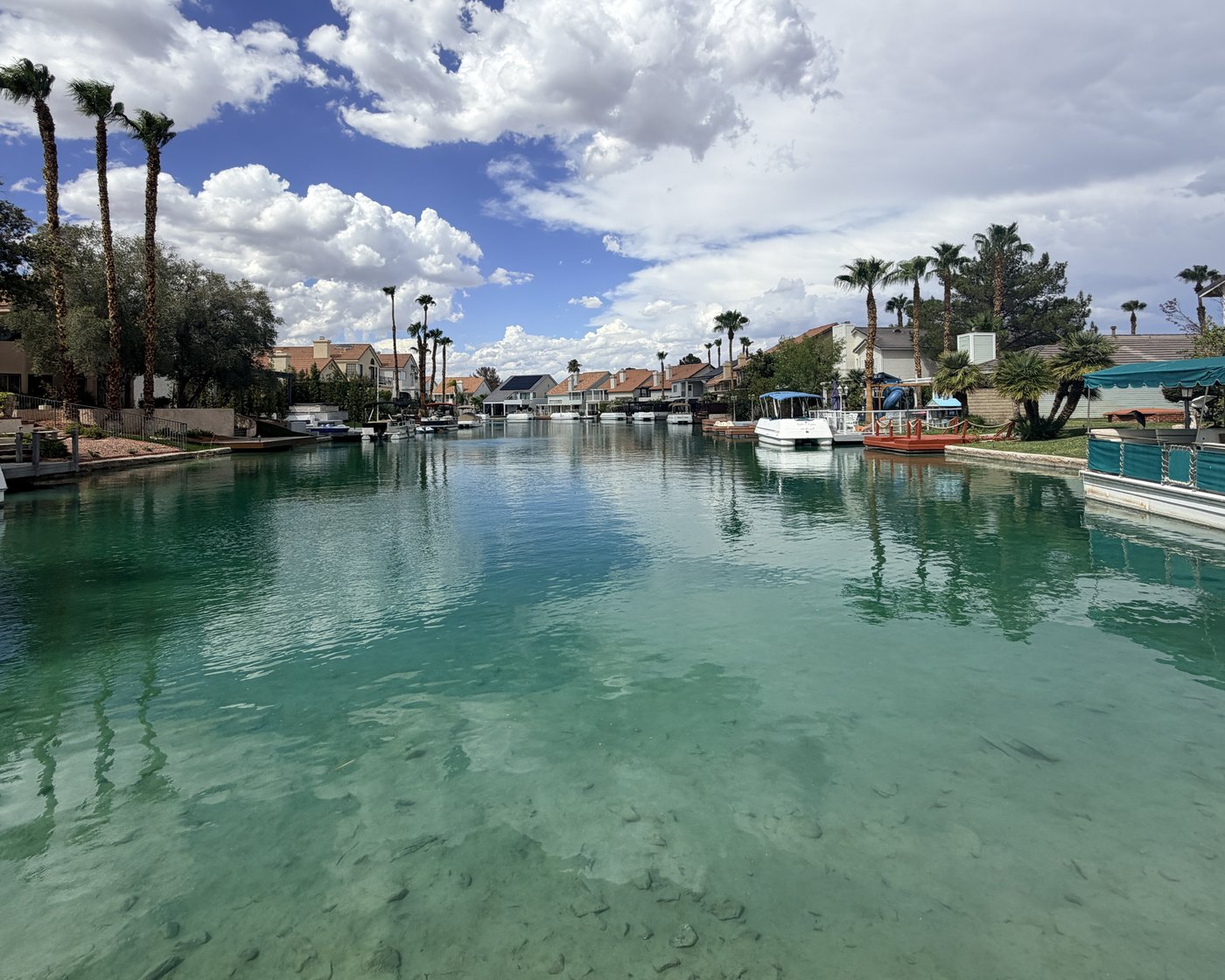 Waterfront homes and private boat docks along the canals of The Lakes, Las Vegas
